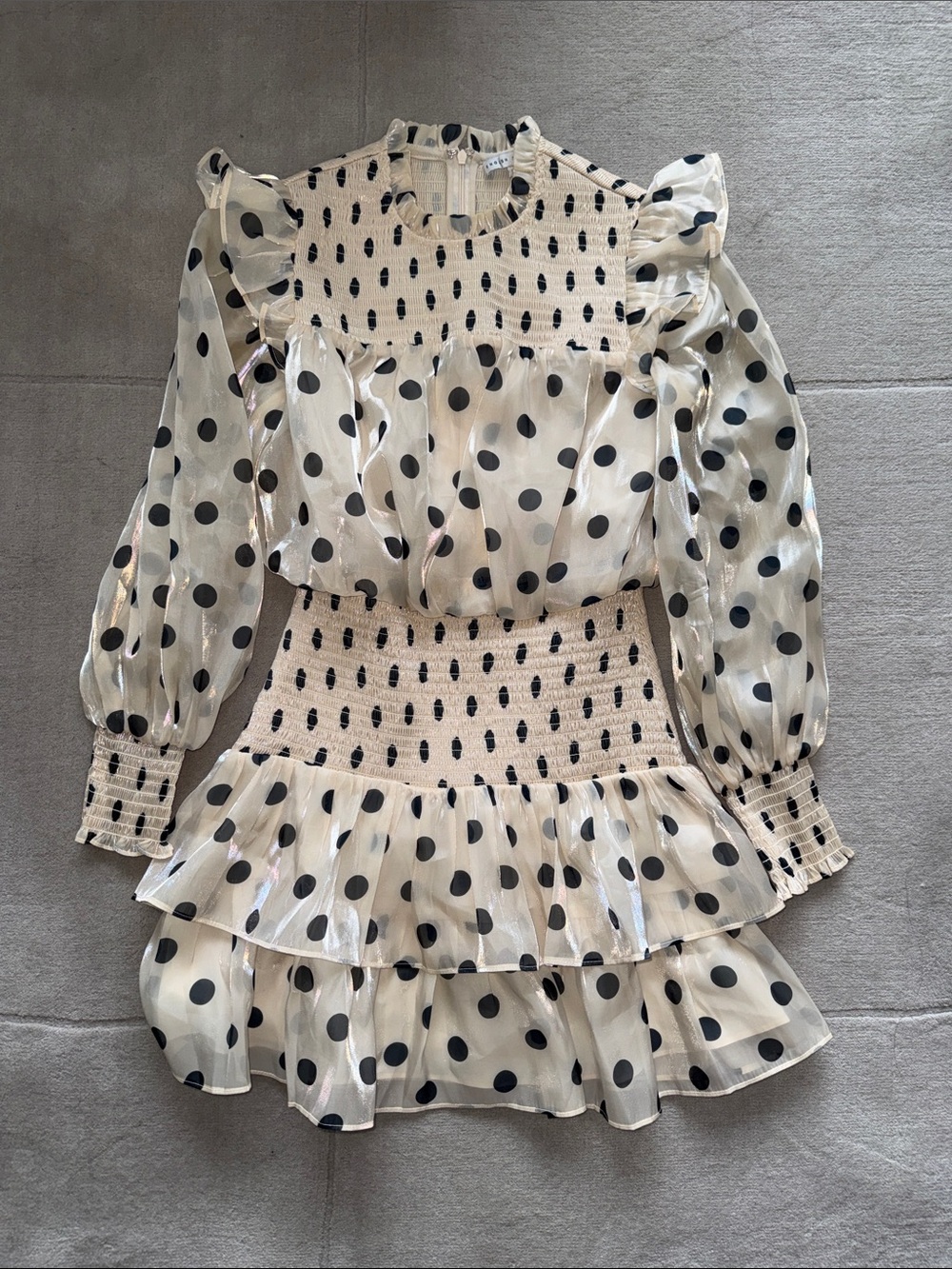 English Factory Cream Dress with Black Polka Dots and Ruffles
